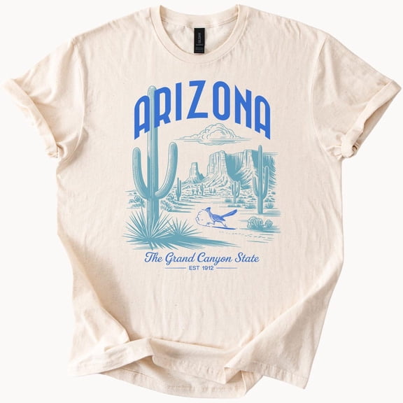 Kiraa Tee with Arizona Graphic T Shirt Grand Canyon State Desert Cactus Landscape Roadrunner Nature Scene Southwest Mountains Est 1912 Tee Birthday Gifts; For Men & Women