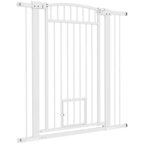 Extra Wide Pet Gate - 41.7" Tall, Adjustable Dog Gate for Stairs & Doorways, White Steel & PA Safety Barrier with Cat Door & Extension Kit