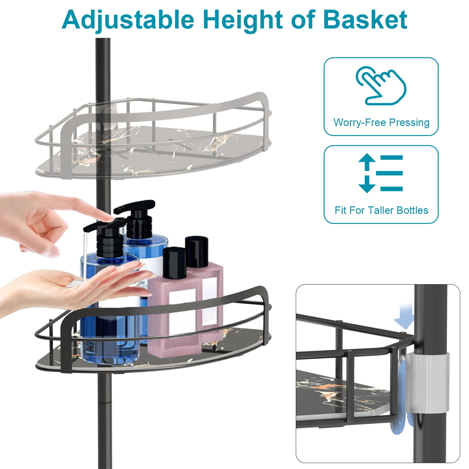 Corner Shower Caddy Tension Pole, Rust-Free Bathroom Shower Organizer Corner for Bathtub Shampoo Storage, 4-Tier Adjustable Shelf, Drill Free, Quick Setup, Black