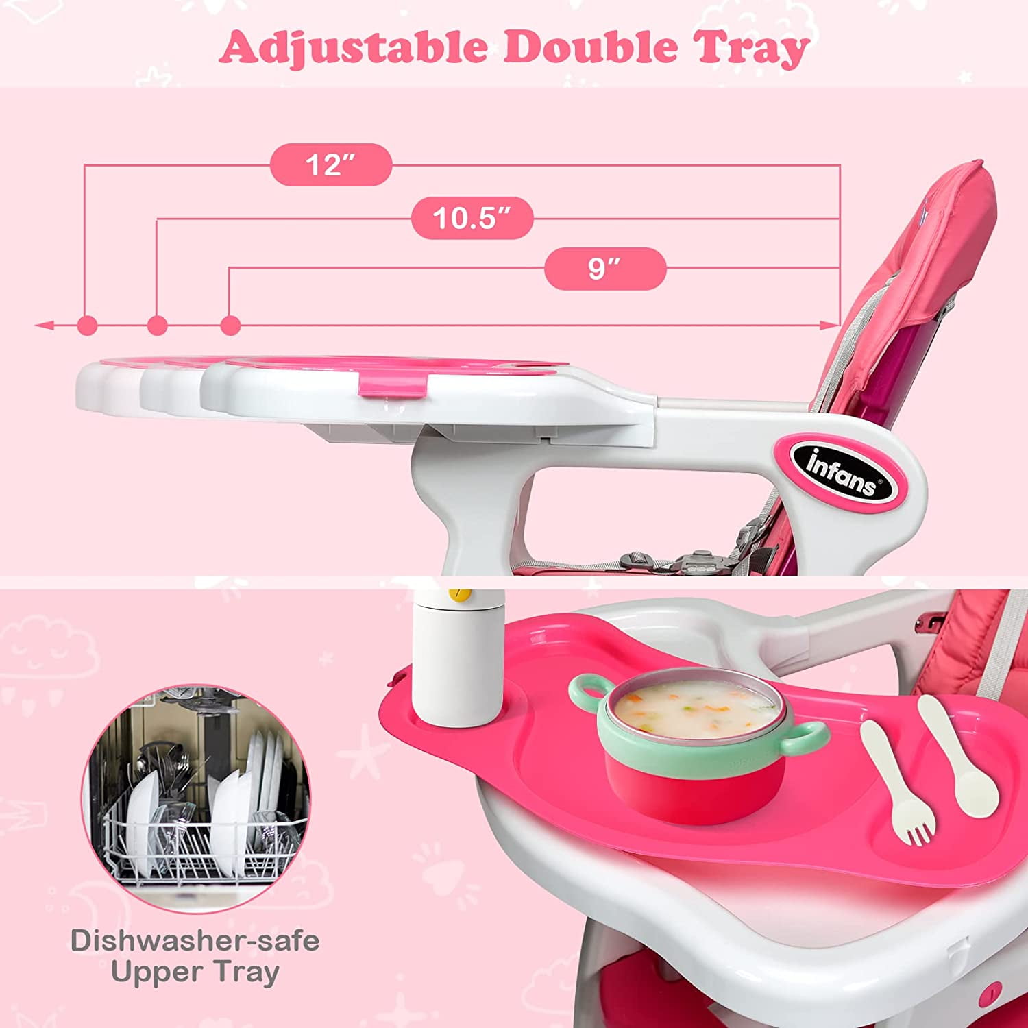Infans 5-in-1 Convertible Baby High Chair with Adjustable Tray, Pink photo 2
