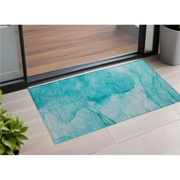 HomeRoots 559775 2 x 3 ft. Teal Abstract Washable Non Skid Indoor Outdoor Rectangle Machine Woven Area Rug
