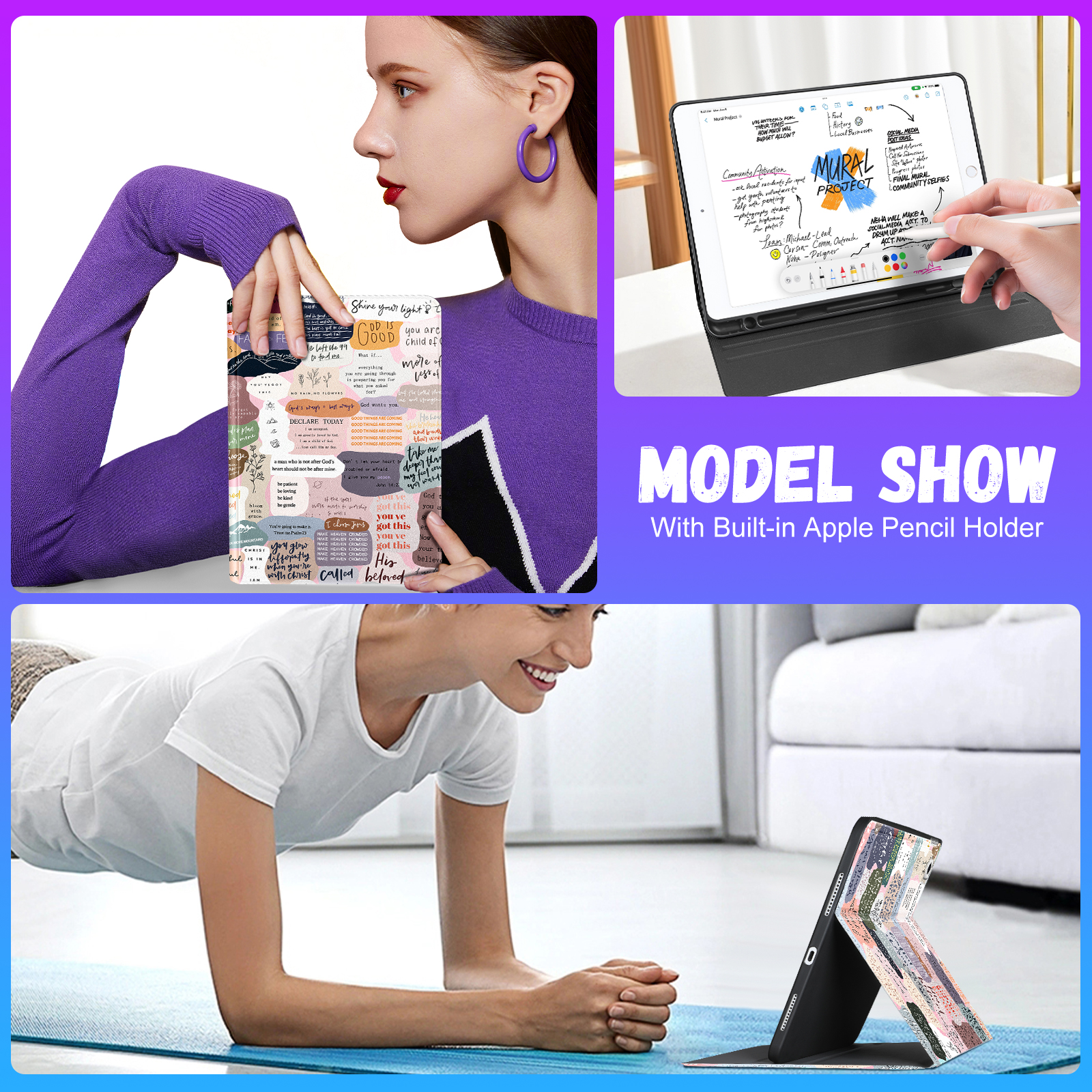 Gemfits Case for iPad 7/8/9 - Flexible Soft TPU Stand Back Cover with Pencil Holder, Auto Sleep/Wake, Active_Text