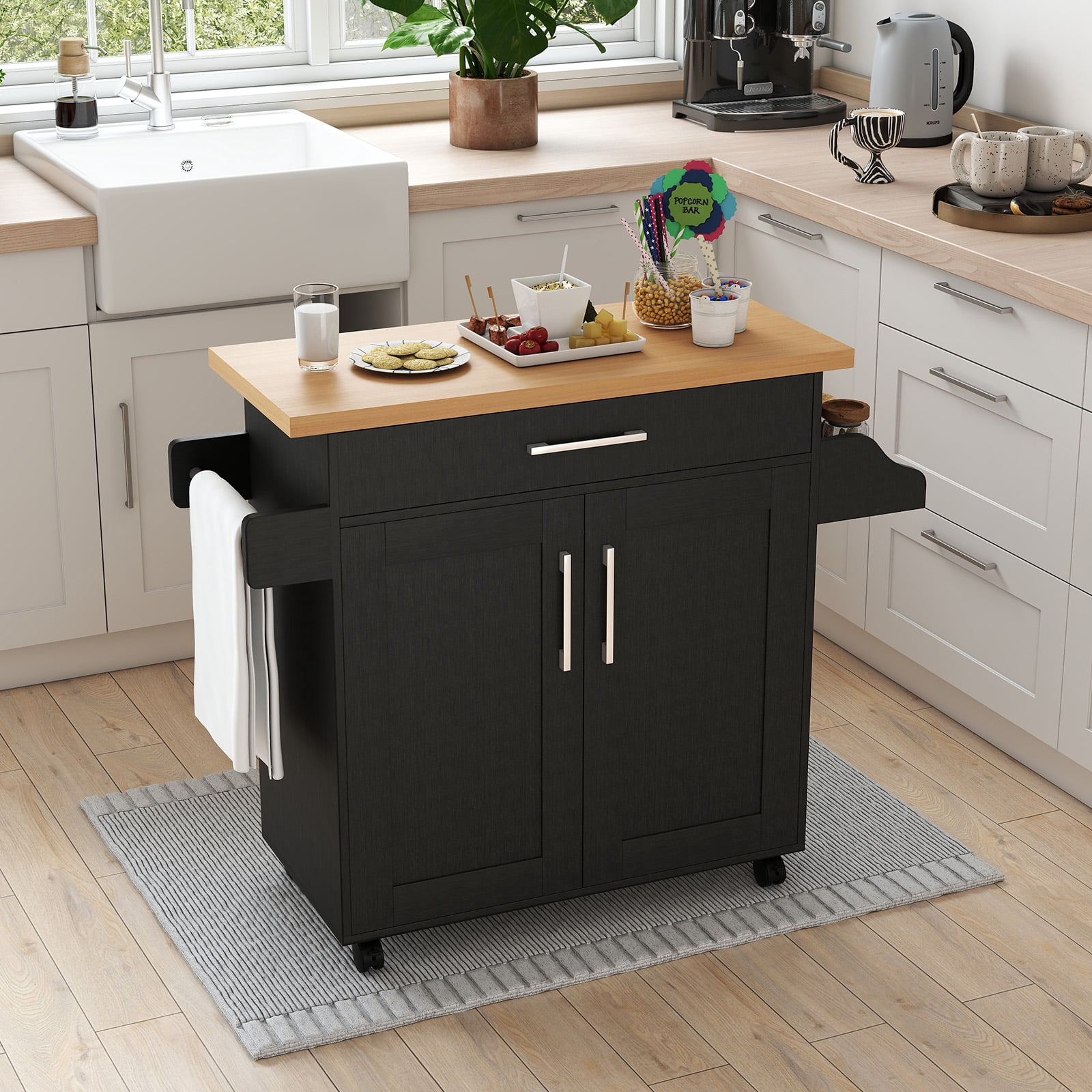 Giantex Kitchen Island Cart with Storage Cabinet on Wheels, Spice Rack Towel Rack & Drawer, Black