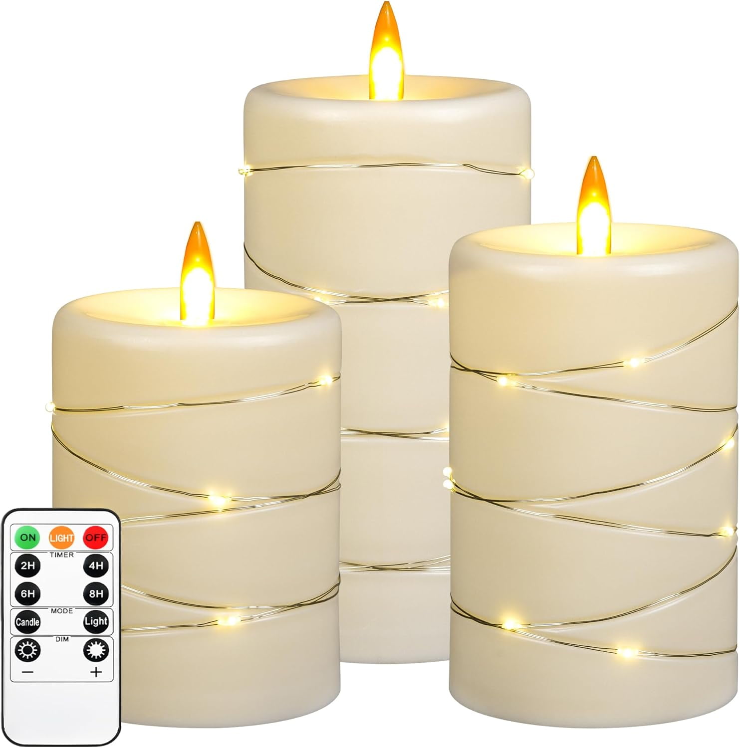 ZM Rechargeable Flameless Candles, LED Candles, Candles with Remote and Timers, Real Wax Pillar Candles, with Flickering Embedded Star String，Ivory White, Set of 2