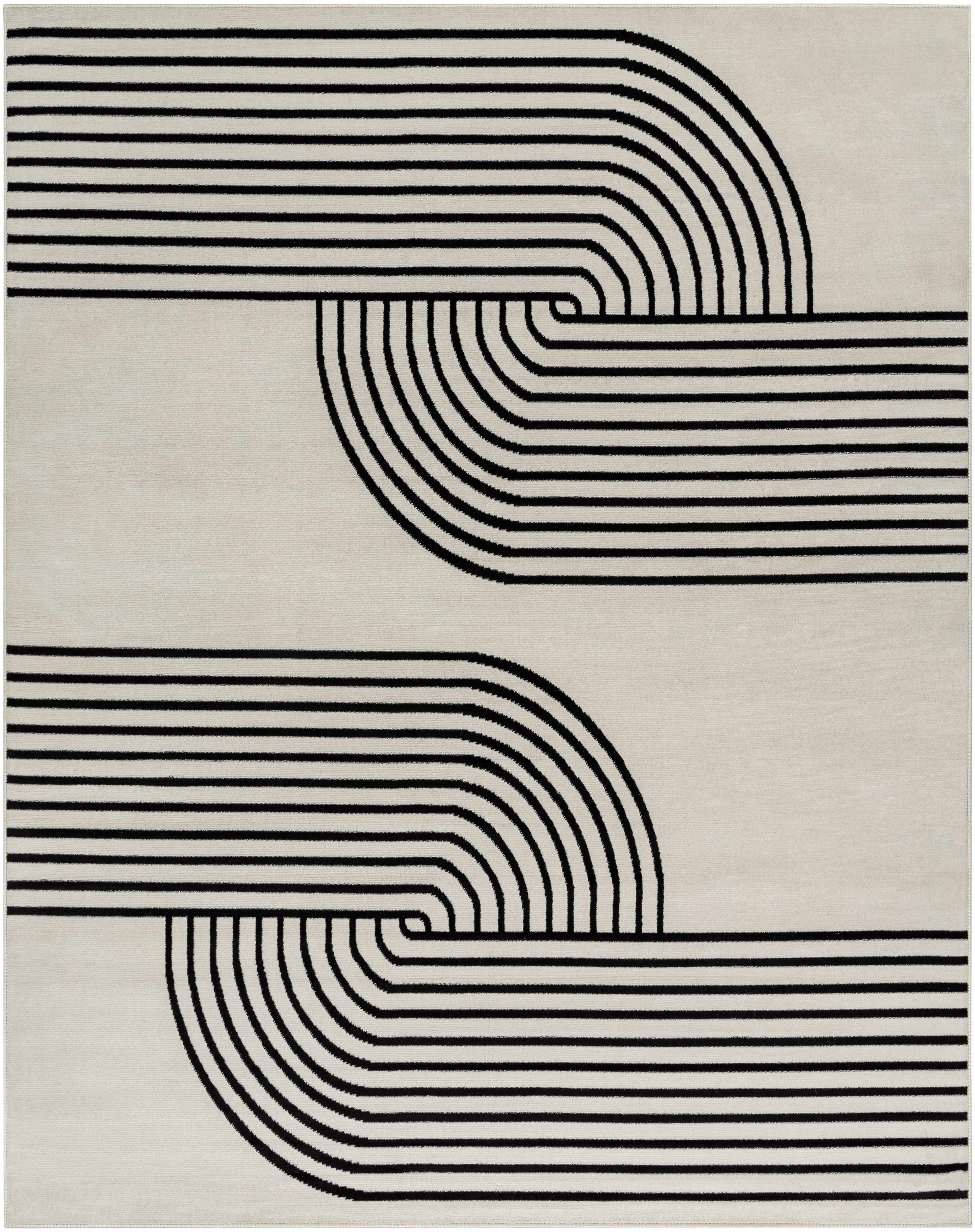 Hauteloom Buana Bohemian Living Room, Bedroom Runner Rug - Modern Moroccan Farmhouse - Geometric Striped - Beige, Cream, Black - 5' x 7' (5x7)