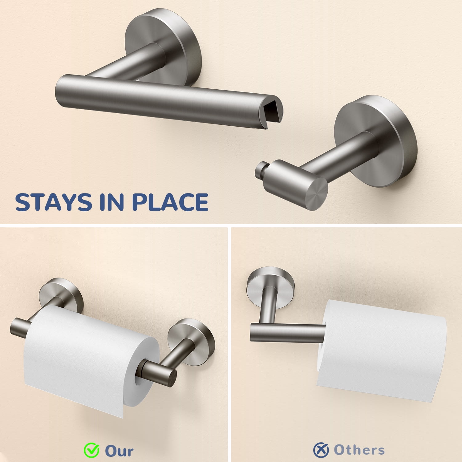 TVOFEK Toilet Paper Holder Wall Mounted Brushed Nickel, Double Post Pivoting Tissue Roll Holder and Towel Ring Set, Stainless Steel Bathroom Hardware Sets