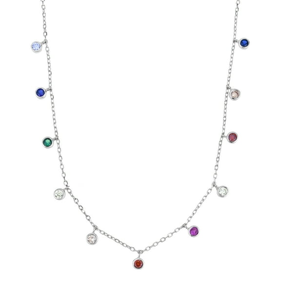 Versatile Multicolor Cubic Zirconia Round Charms Sterling Silver Chain Necklace for Female Adult and Teens