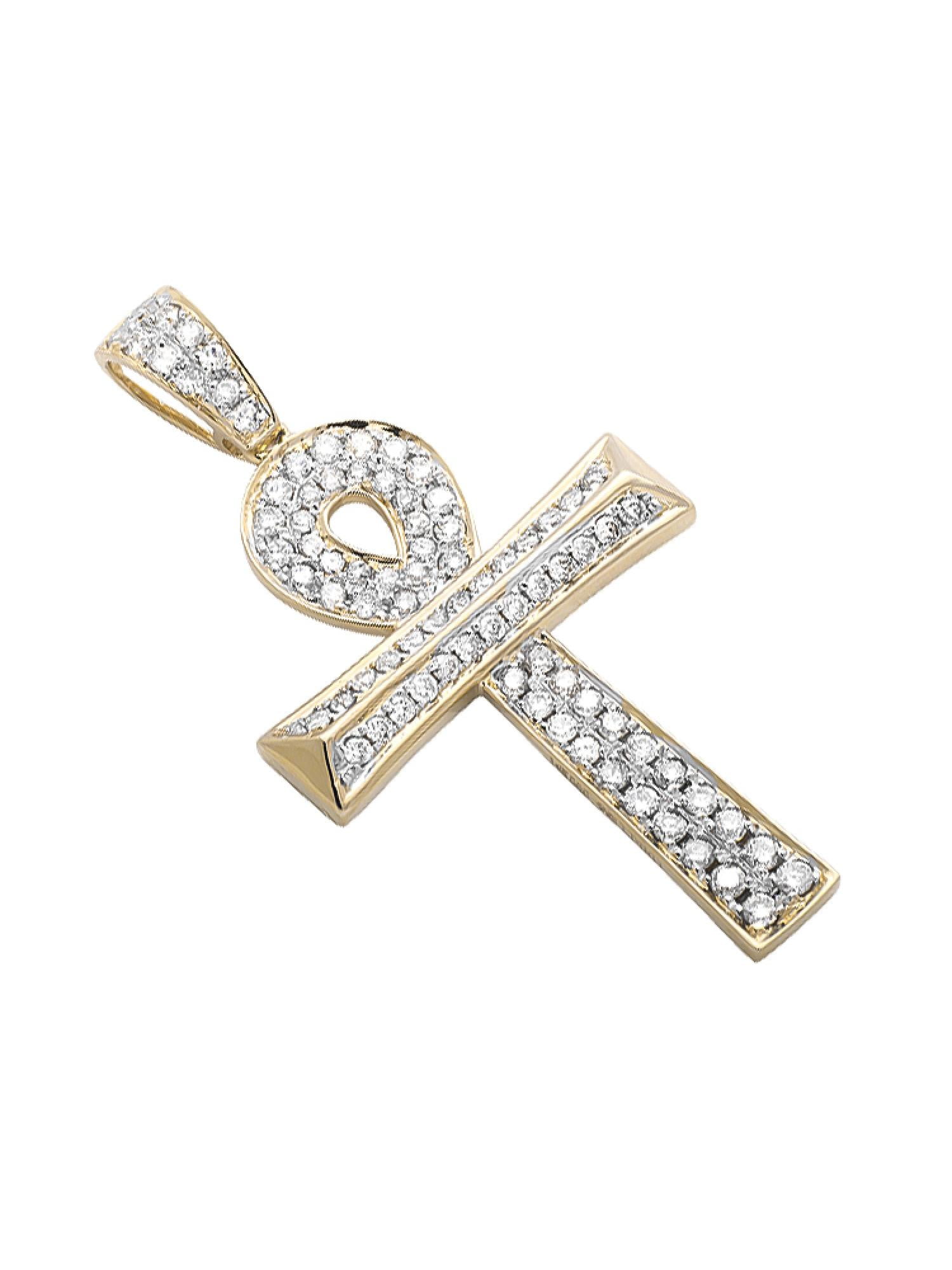 14k Yellow Gold Wood Log Ankh Cross Diamond Pendant Charm 1 12ct