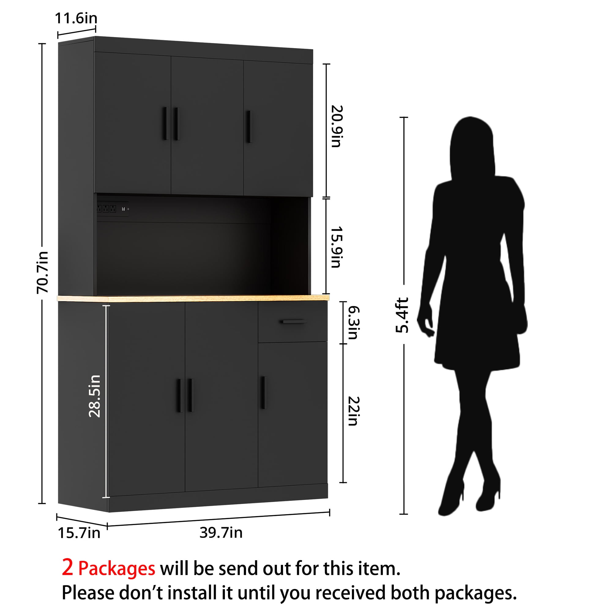 DIYART Black Kitchen Pantry Cabinet, 71" Tall Kitchen Storage Cabinet with 6 doors and Power Outlet