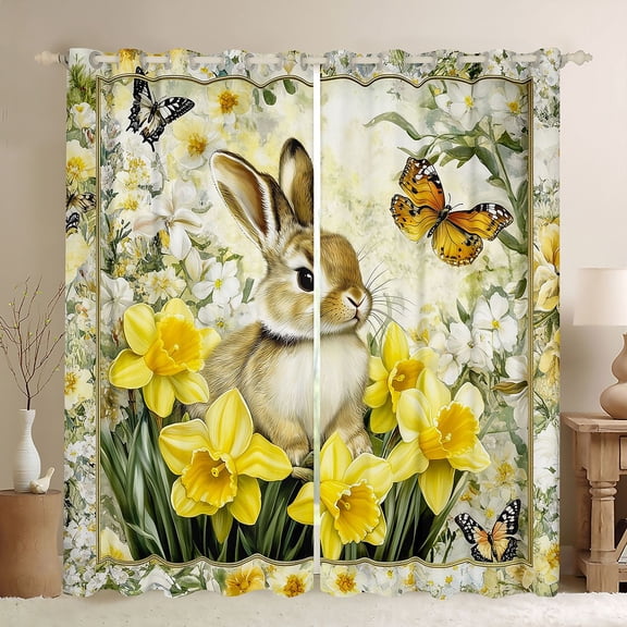 Castle Fairy Kids Teens Adults Animal Rabbit Blackout Curtains Set of 2 (52x84 Each),Floral Flying Butterflies Window Curtains,Spring Garden Flower Narcissus Curtains and Drapes Room Decor