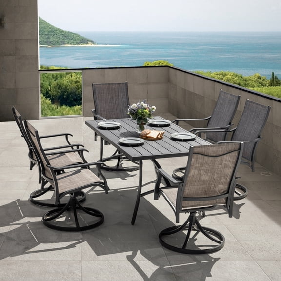 Nuu Garden Outdoor Dining Set of 7, Breathable Textilene Swivel Chairs with Backrest and Armrests, Aluminum Table, Quick-Dry and Rust-Resistant, Patio Dining Set, Grayish Brown