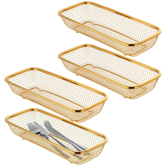 4 Pcs Stainless Steel Storage Baskets, Gold Kitchen Organizers for Pantry, Drawer Bins, Stackable Wire Design, Rustproof Utensil Holder, Versatile Home Organization
