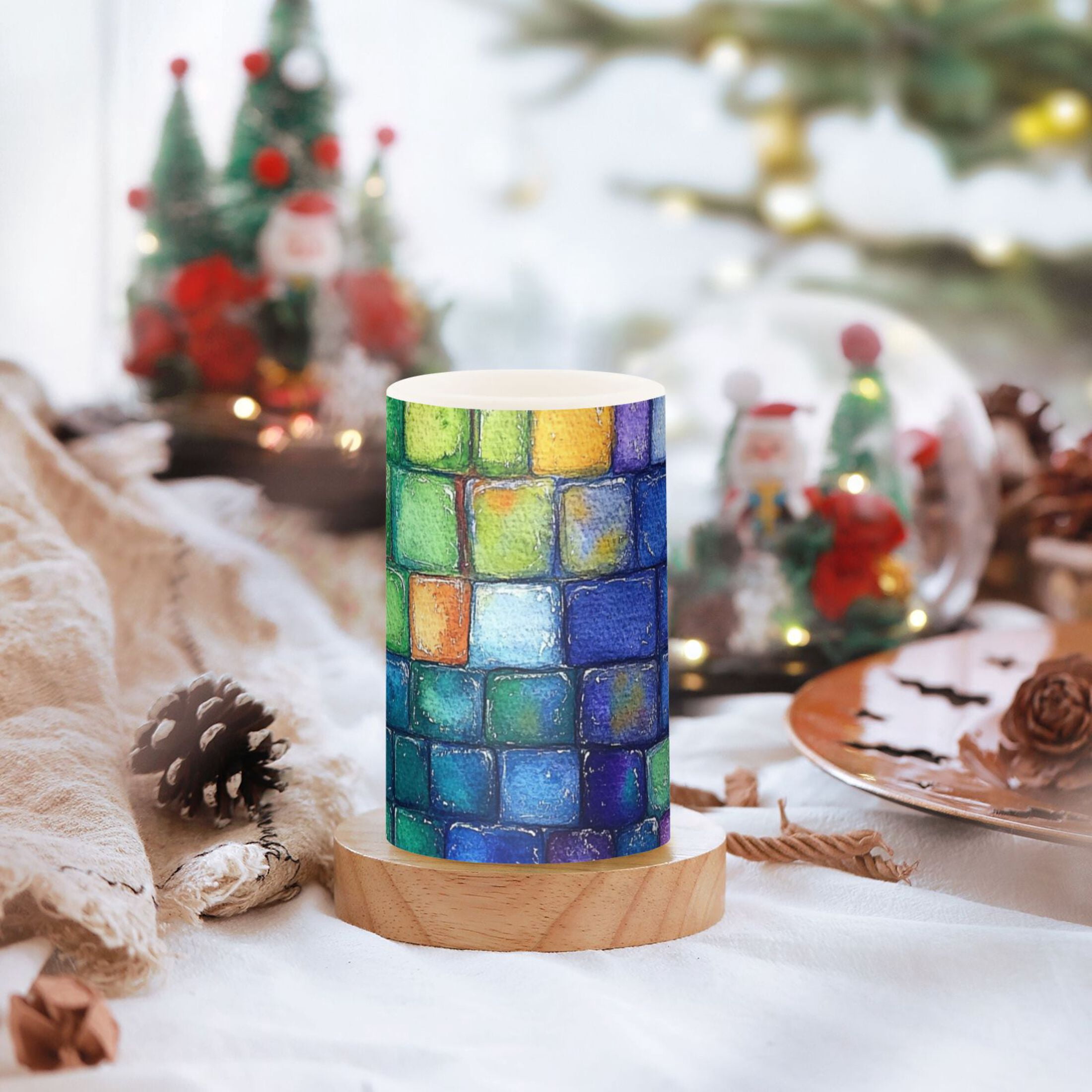 Colorful Small Square Flickering Flameless Candles Battery Operated with Remote Timer LED Pillar Candles Set of 2