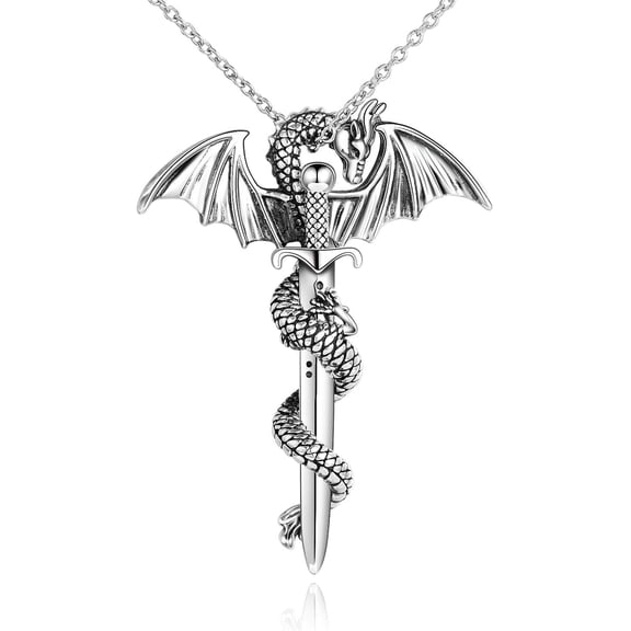 Sterling Silver Dragon Sward Necklace For Men Unisex Vintage Pendant Necklace