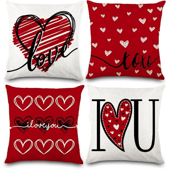 4 PCS Valentines Pillow Covers 18x18 Inch Red Heart Valentines Day Decor Throw Pillow Covers Valentines I Love U XOXO Cushion Cases Decoration for Holiday Farmhouse Wedding Home Sofa Couch