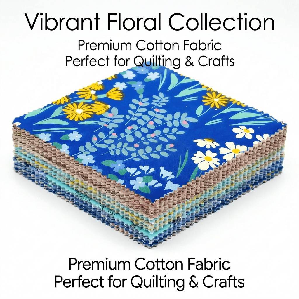 iMzoon 42Pcs 10" Wavy Edge Fabric Squares,Cotton Fat Quarters Bundles for Quilting Supplies,Denim Floral Precuts,Sewing Material & Color Draping Kit Swatches in Retro Print