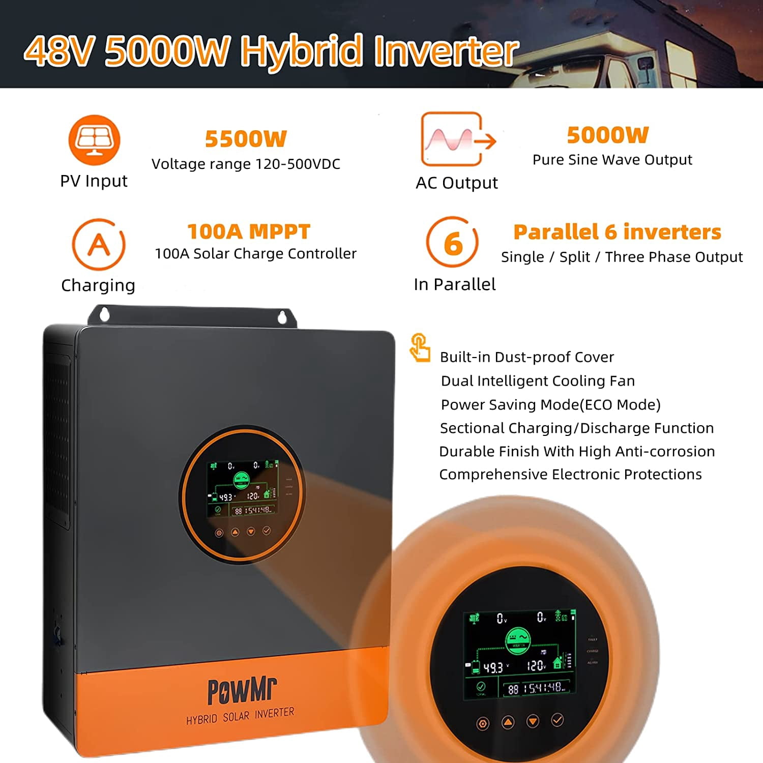 5000W Split Phase120V 110V AC Grid Tie 48V All In One Hybrid Inverter Built 100A MPPT Solar Charger Max Parallel 6 Inverters