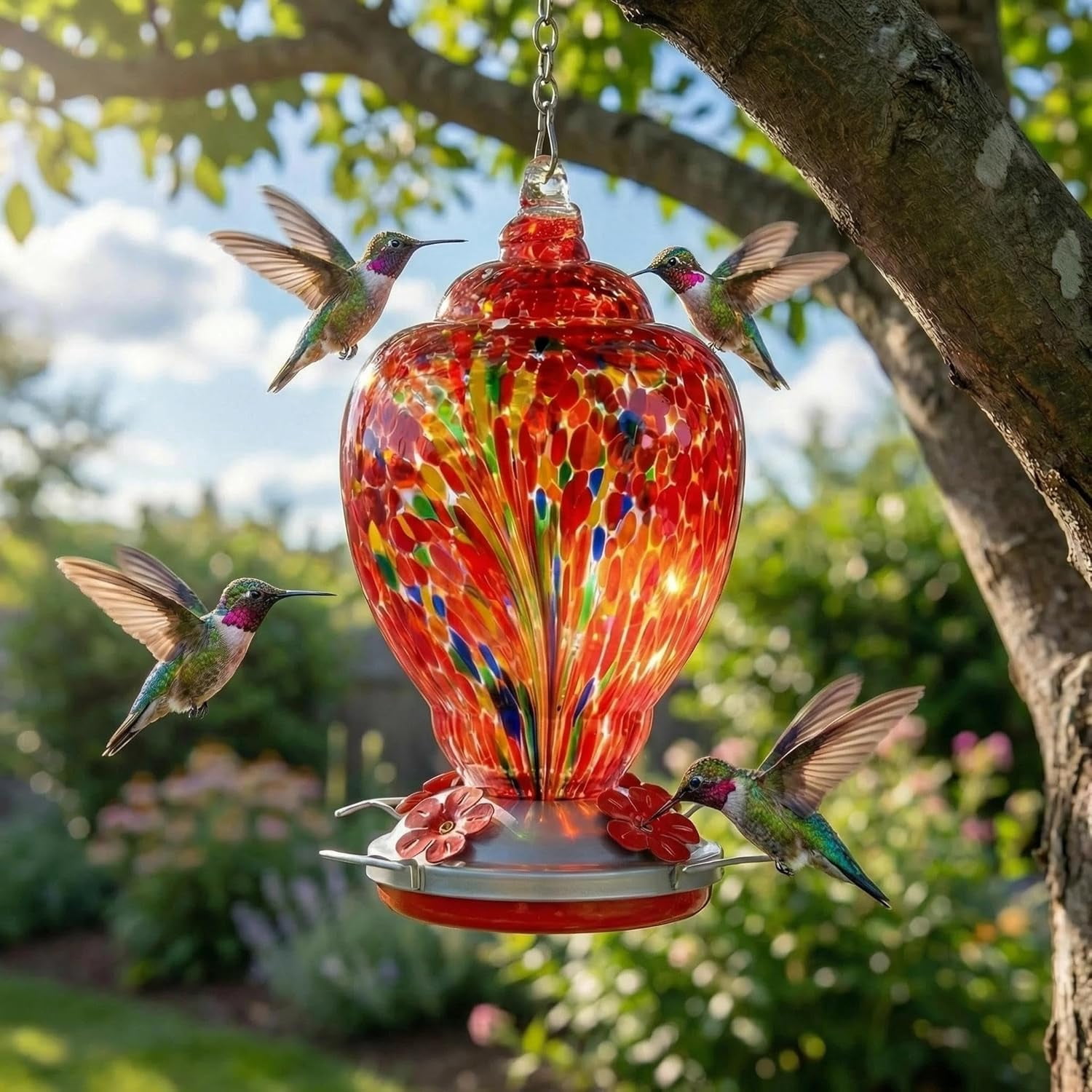 Hummingbird Feeder for Outdoors Patio Large 32 Ounces Colorful Hand Blown Glass Hummingbird Feeder with Ant Moat Hanging Hook, Rope, Brush and Service Card (RED-Firework)