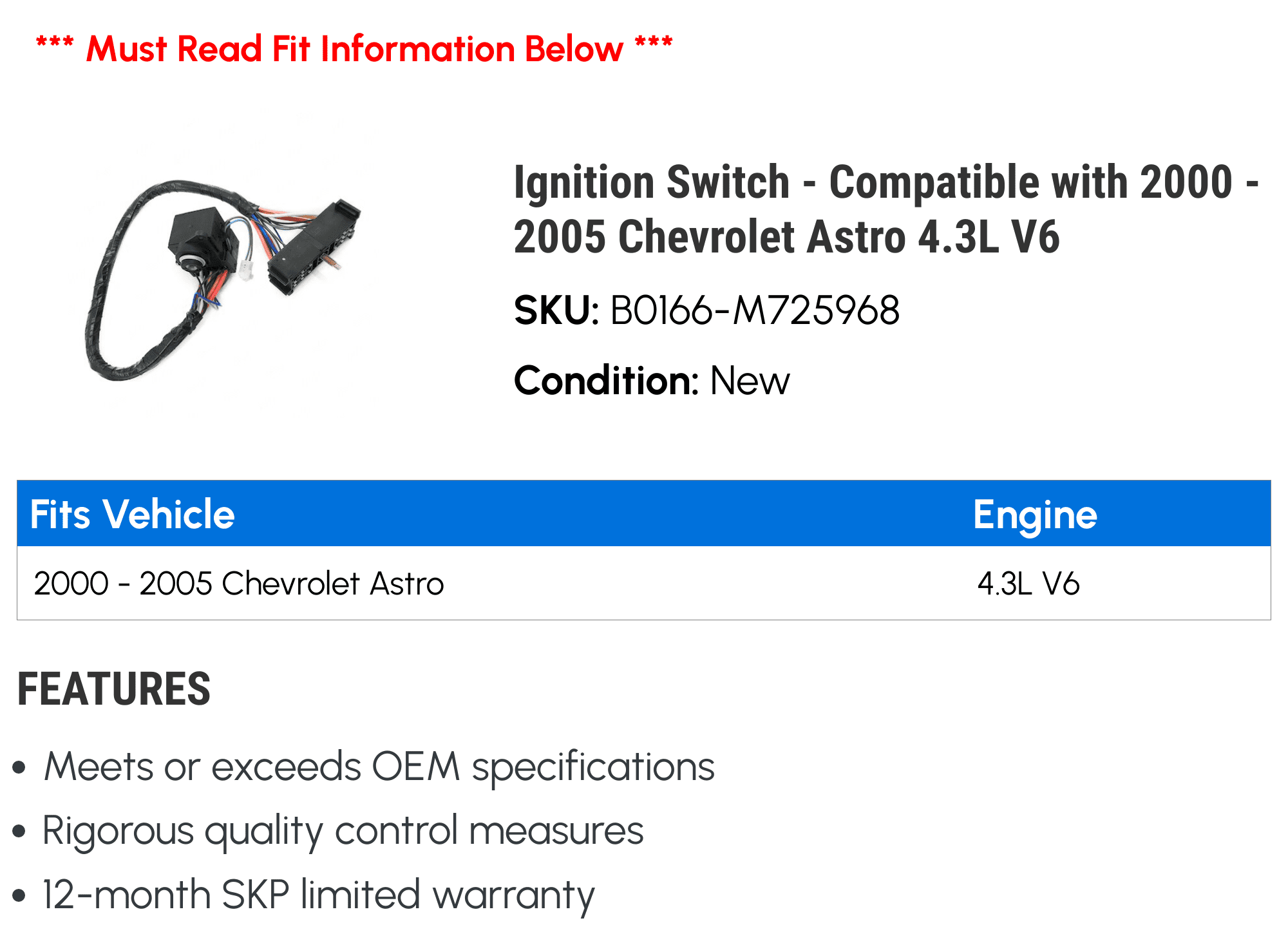 Ignition Switch - Compatible with 2000 - 2005 Chevy Astro 4.3L V6 2001 2002 2003 2004