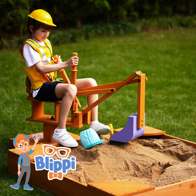 Avenlur Blippi Excavadora - Madera de Pino Resistente, Controles Intuitivos, Asiento Ergonómico - Ideal para Juegos Al Aire Libre, Patios Traseros, Playa - Giro de 360° - Segura para Niños Pequeños y