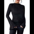 thumbnail image 1 of Camiseta Básica con Cuello Alto Fruncido y Mangas Largas con Volantes para Mujer Negro M, 1 of 9