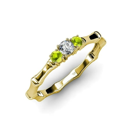 

Peridot with Center Diamond (SI2-I1 G-H) Three Stone Bamboo Ring 0.32 ct tw in 14K Yellow Gold.size 5.5