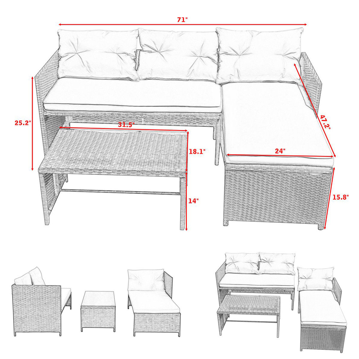 Costway 3PC Outdoor Patio Sofa Set Rattan Wicker Deck Couch Garden Furniture