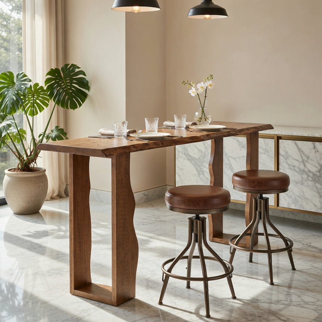 Hommoo Solid Wood Wave-Leg Bar Table, 70.9 Inch Counter Height Pub Table for Kitchen, Basement Bar & Wine Display, Rustic Pine Wood Narrow Dining Table, Natural