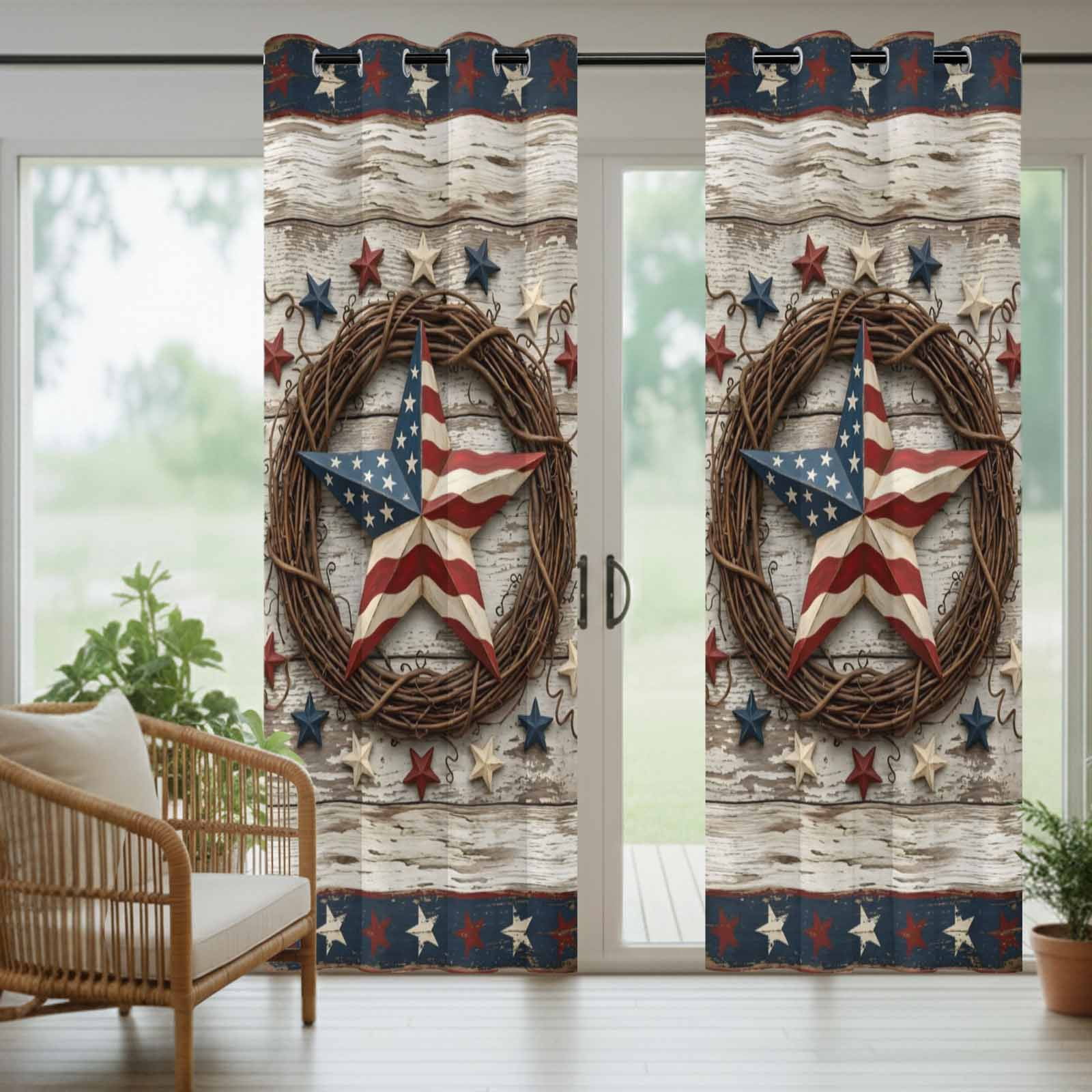 Independence Day Outdoor Curtains for Patio, Usa Flag Stars Vine Wreath Rustic Wood Grain Sunshade Privacy Drapes Grommet Waterproof Outside Curtains for Porch/Cabana/Balcony 54"x 108", 1 Panel