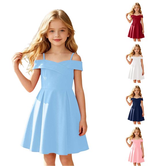 Toddlers Kids Girls Summer Dress Sleeveless Off Shoulder Strapless Solid Color Formal Gown Dresses For Wedding Party,Blue,6-7 Years