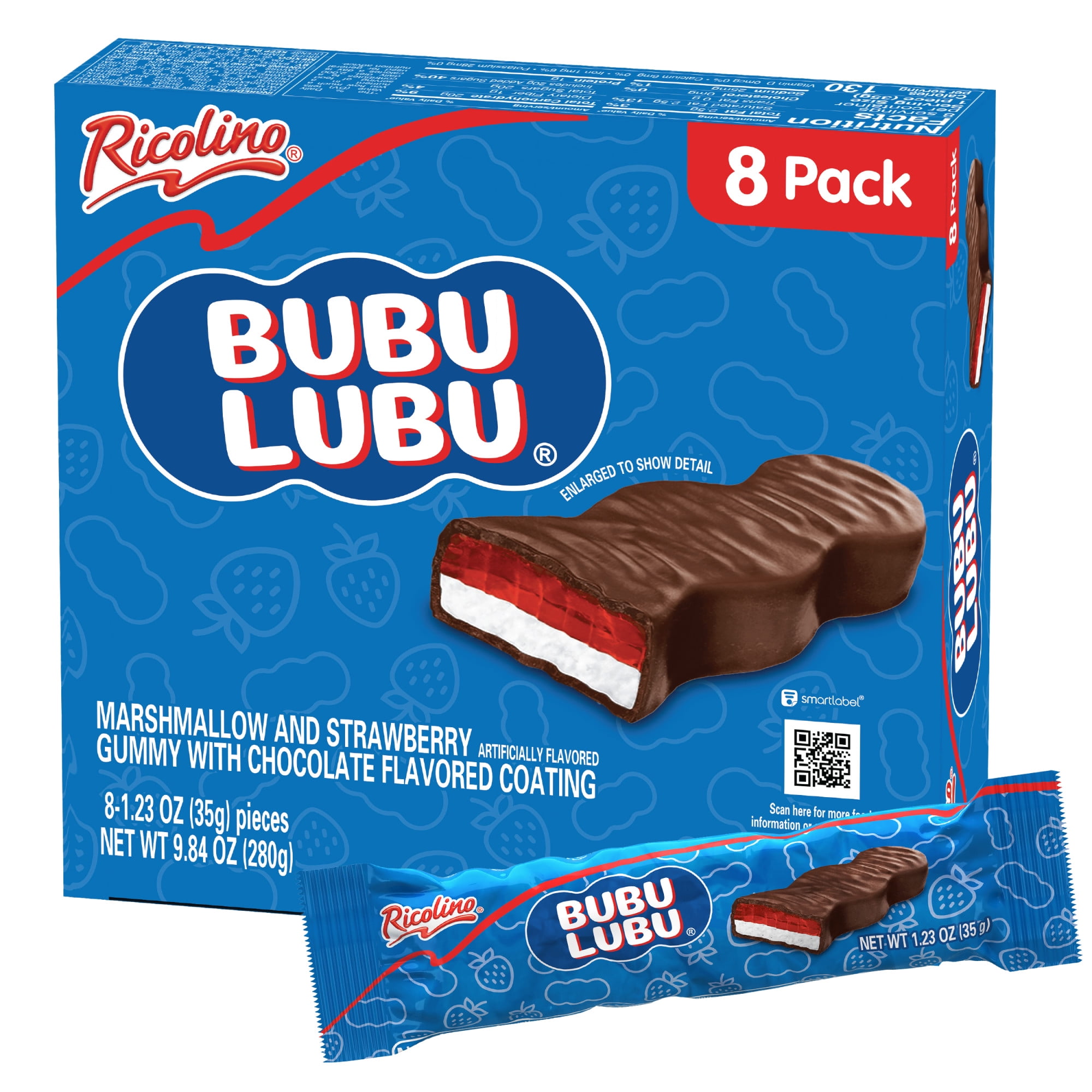 (4 pack) Ricolino Bubulubu Chocolate Strawberry Gummy and Marshmallow Candy, 8 Count Bag