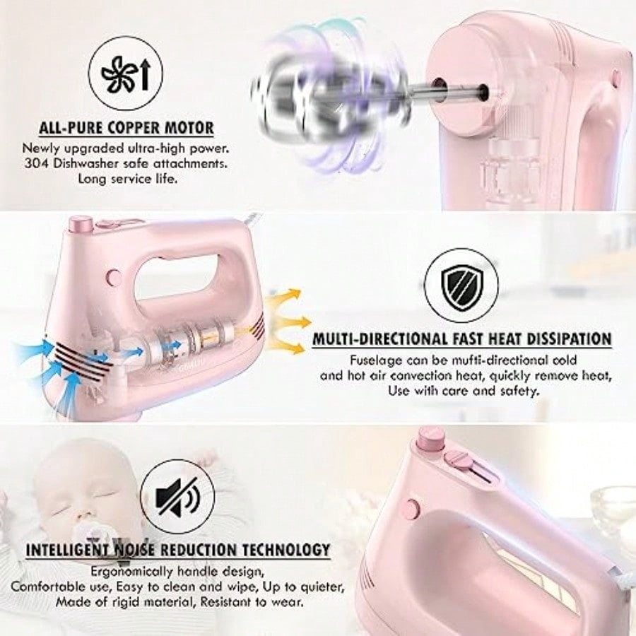 Electric Hand Mixer with Stainless Steel Whisk Dough Hook Attachment and Storage Bag Handheld Mixer for Baking Cakes Eggs Cream Food Mixers. Turbo Boost/5 Speed Kitchen Blender PINK