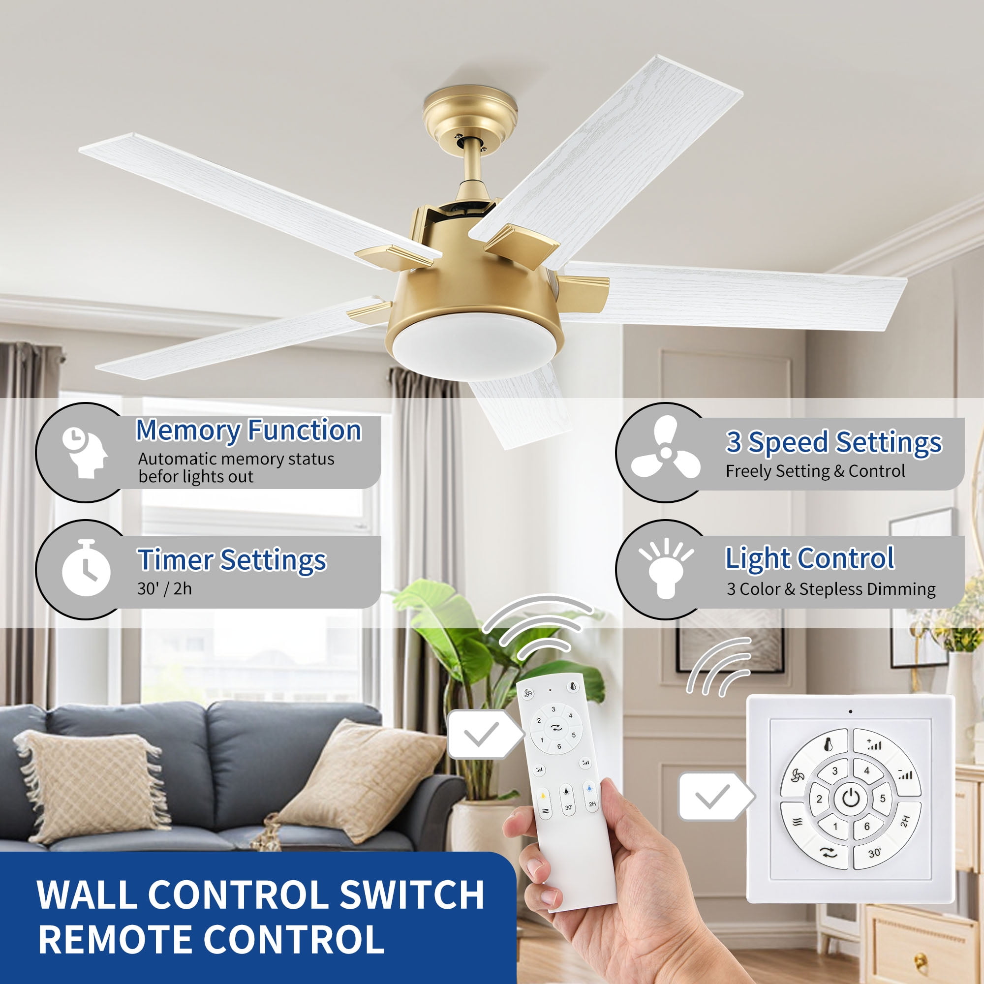 DEXTRUS 52in Farmhouse Ceiling Fans with Light and Remote with 5 Blades, 6 Speed - White