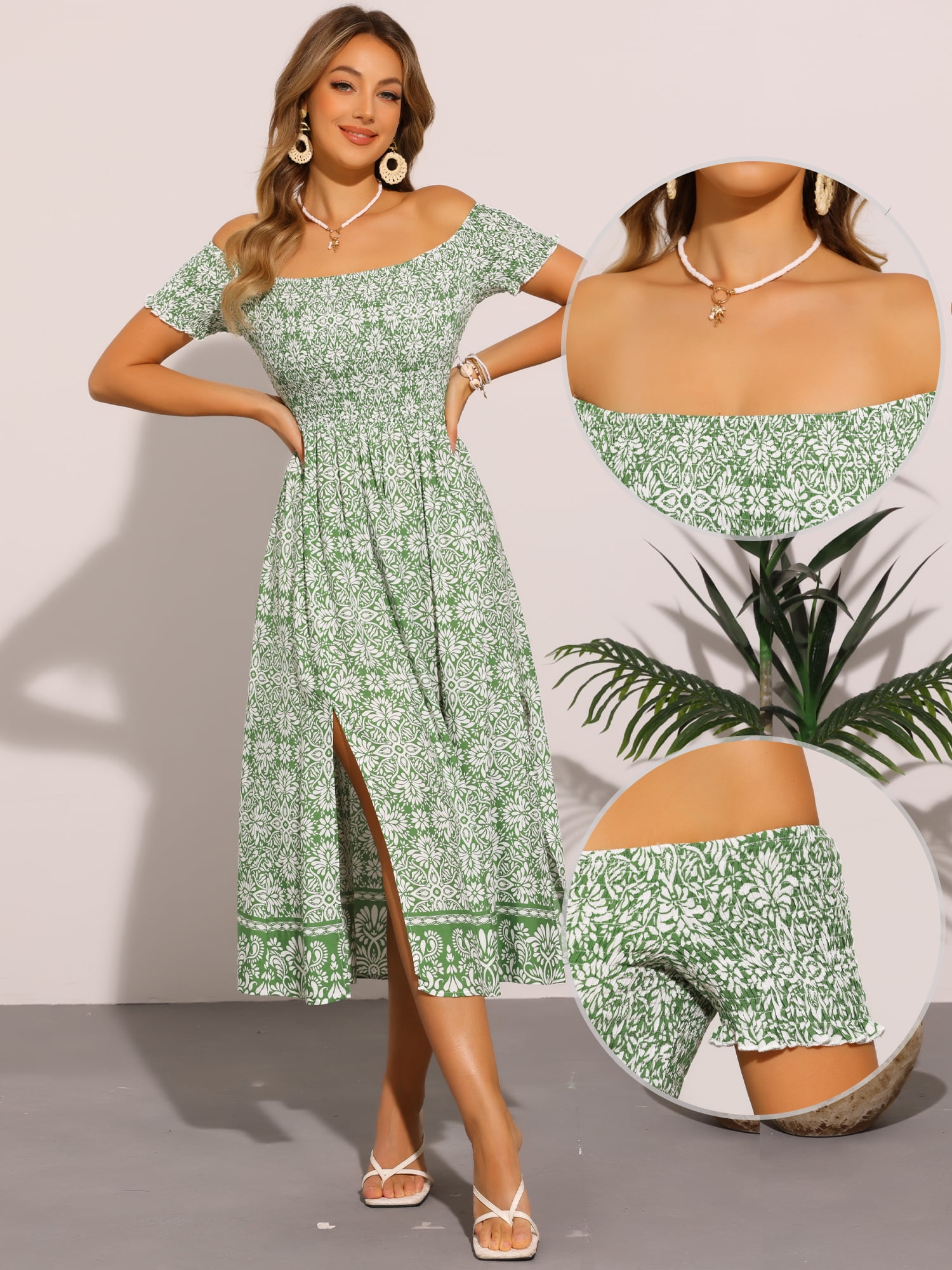DARING DIVA Boho Smock Midi Off Shoulder Summer Events Dress XL Green