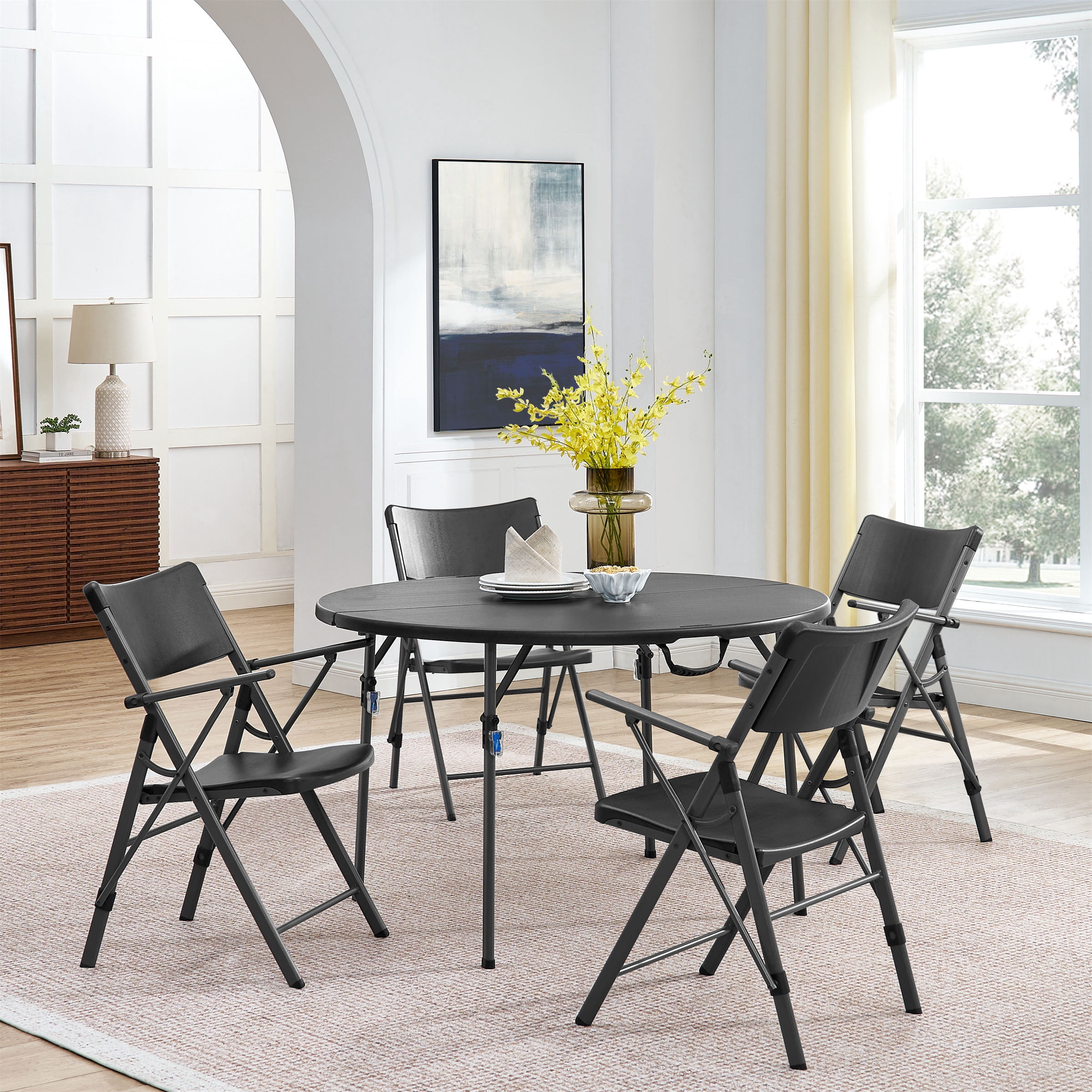 Mainstays 4 Foot Fold-in-Half Round Plastic Table, Indoor Outdoor, Black