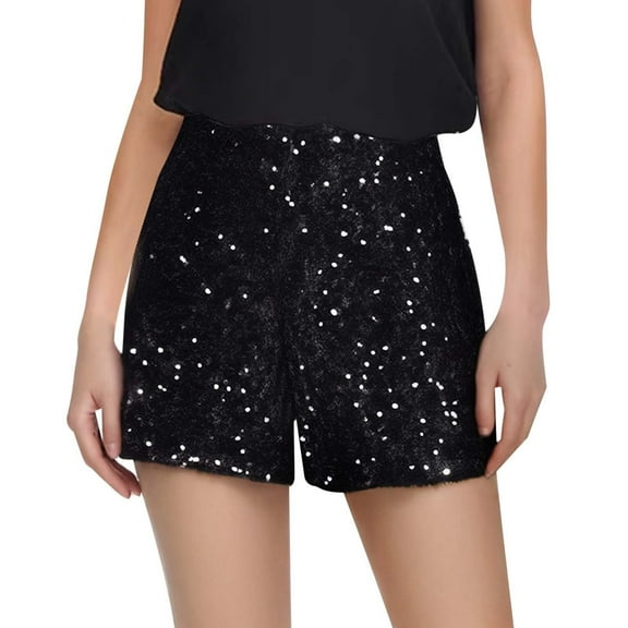 Wdgfv Women's Sequin Mini Shorts High Waisted Zipper Up Skinny Glitter Party Shorts Black M