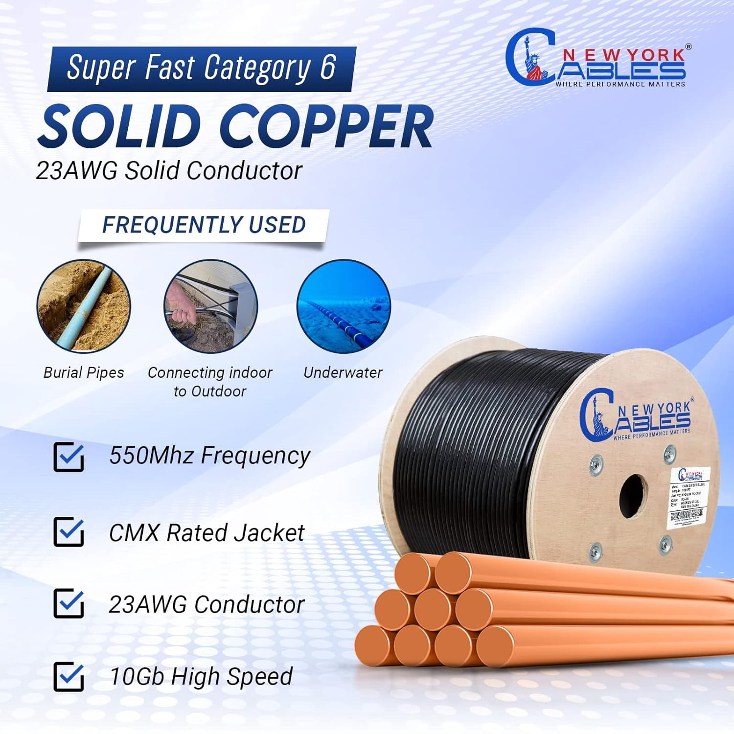 NewYork Cable Cat6 1000ft Outdoor Waterproof Direct Burial Ethernet 23AWG Solid Copper