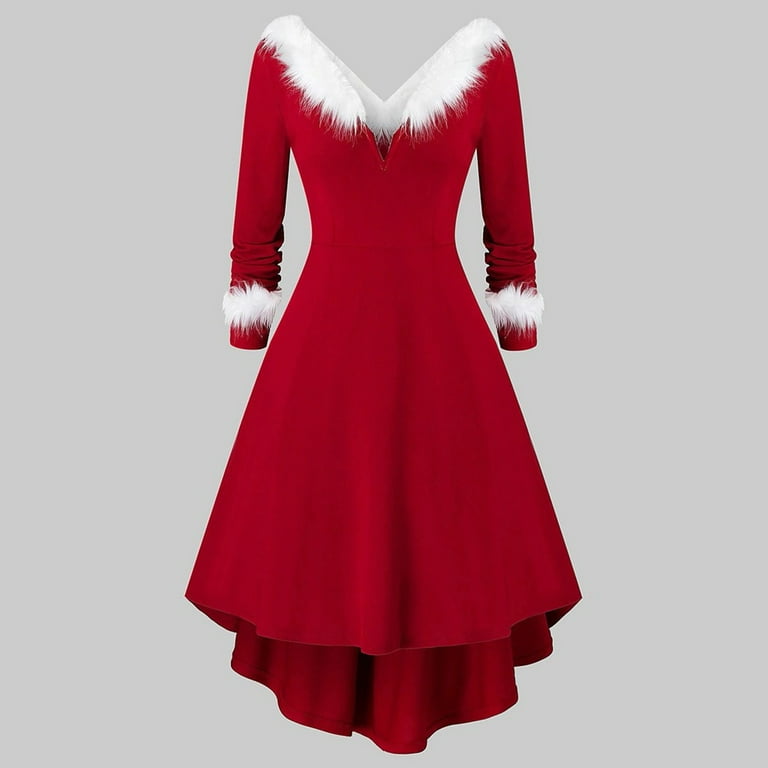 Women Christmas Plush Panel Long Sleeve V Collar Asymmetrical Party Dress Beach Maxi Dresses Scoop Neck Summer Dress Swing Dress with Buttons Shirt Dress for Women Long Sleeve Dresses Walmart