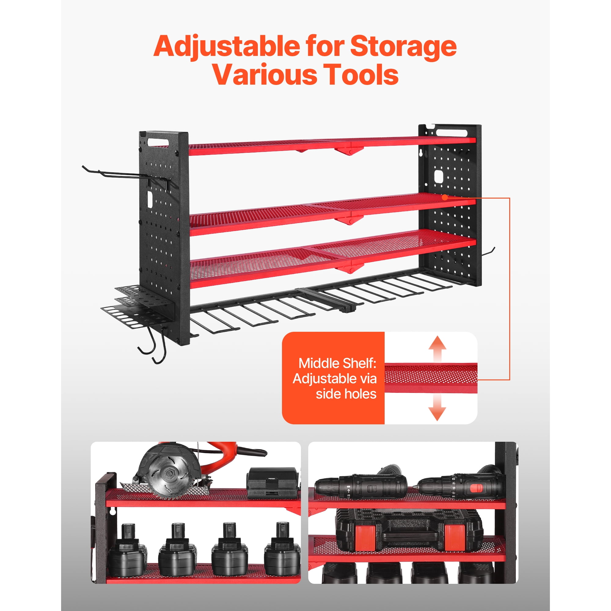KFFKFF Wall-Mounted Power Tool Organizer, 4-Tier Storage Rack with 8 Drill Slots, Tool Holder and Rack with Side Pegboards, Ideal for Garage, Workbench, and Workshop Organization