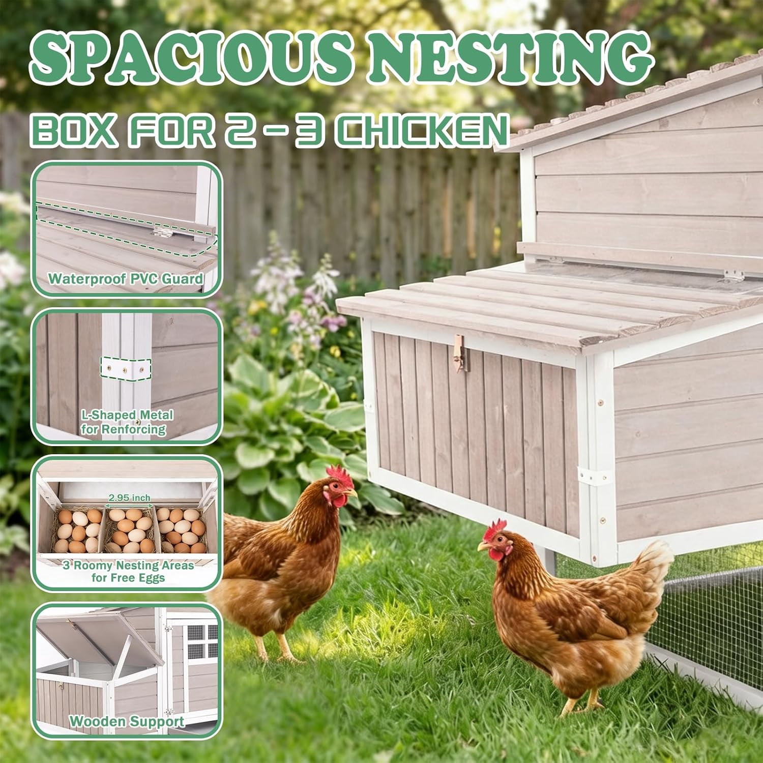 PETSCOSSET Wooden Chicken Coop, Elevated Hen House with 3-Compartment Nesting Box
