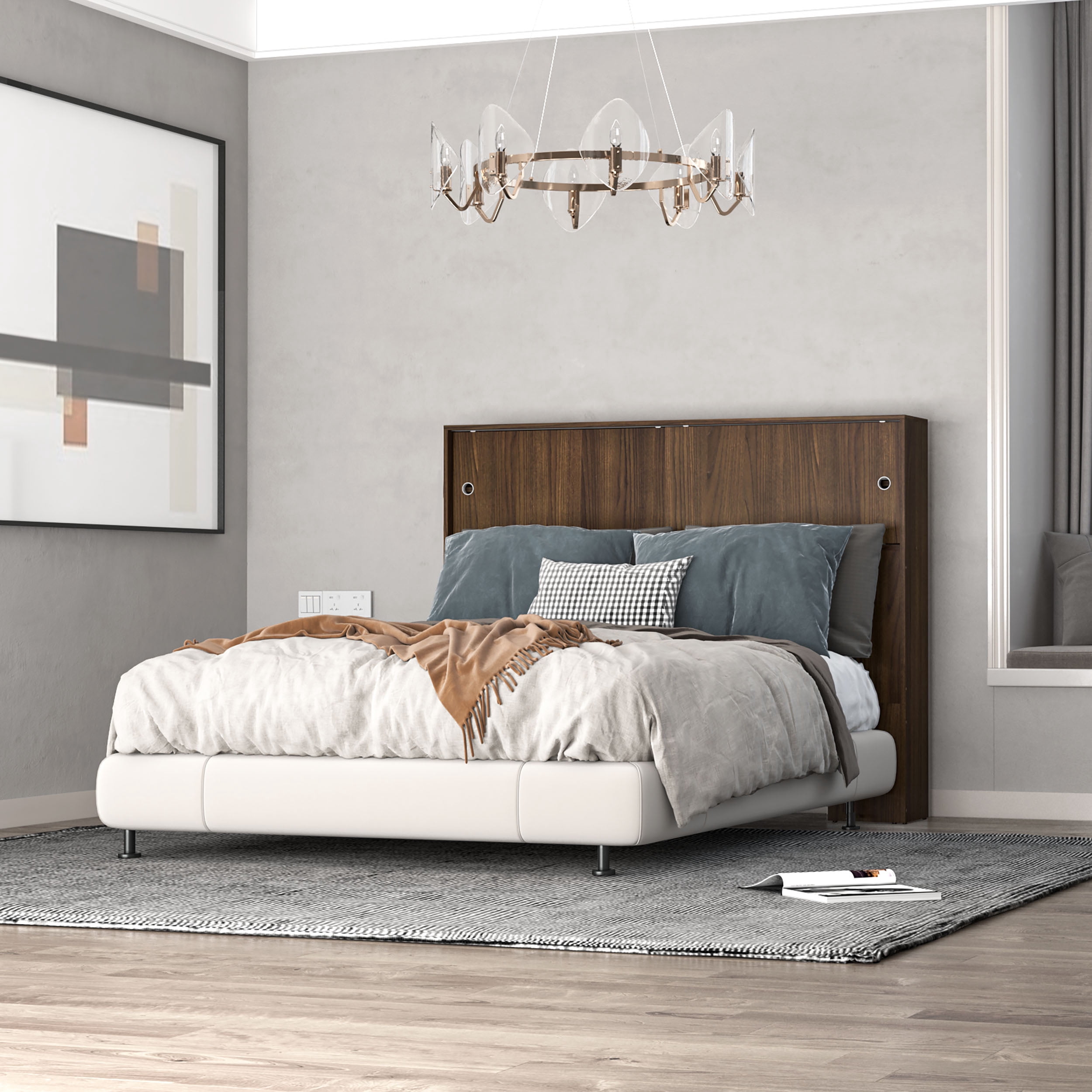 Polifurniture Victoria Full Size Wood Storage Headboard, Walnut