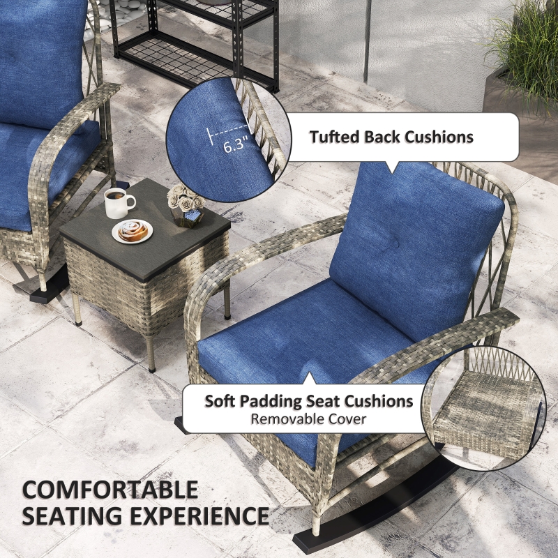 HOQBN 3 Piece Wicker Patio Furniture Set, Outdoor PE Rattan Rocking Chairs with Coffee Table, Cushions for Porch, Gray