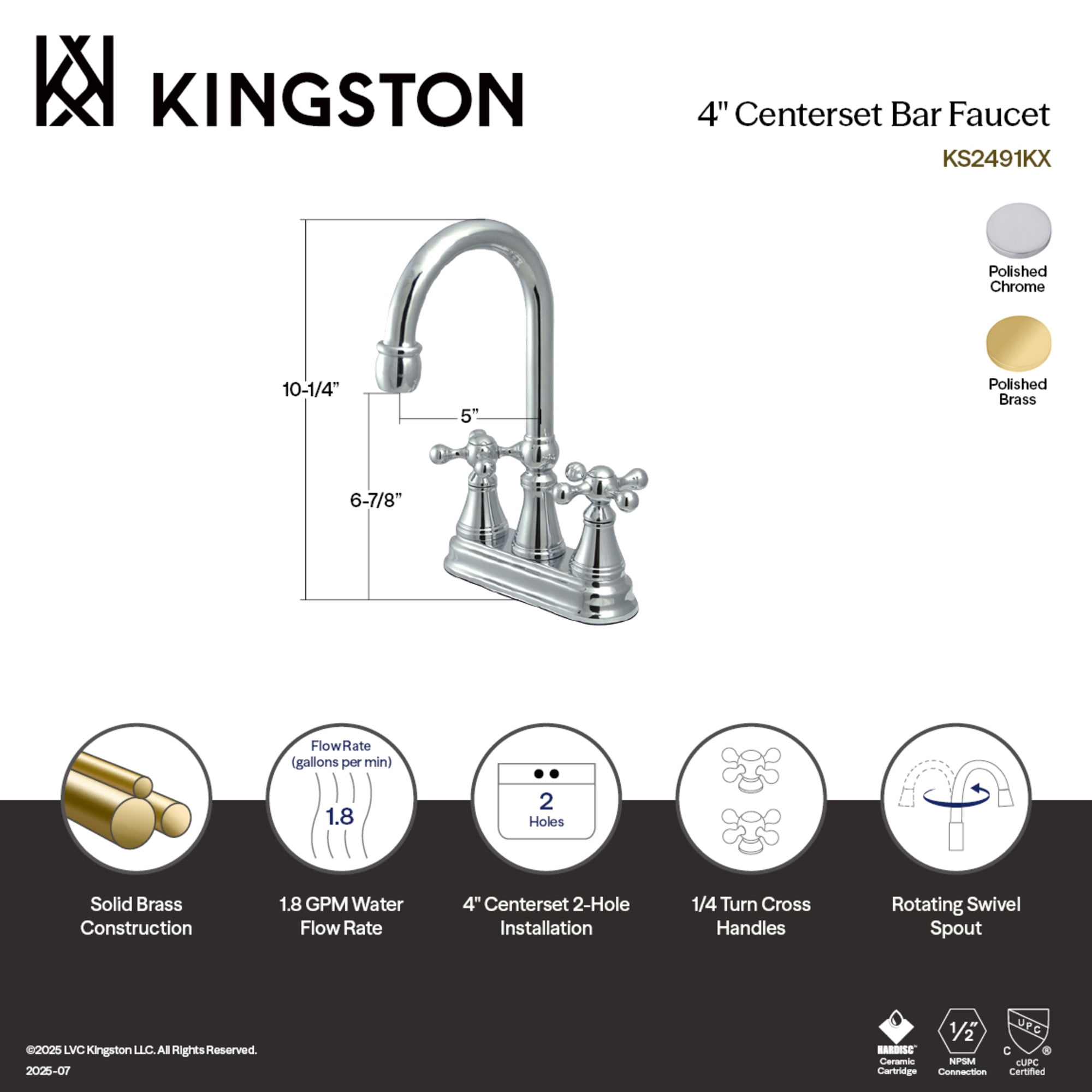 Kingston Brass KS2492KX Governor Two-Handle 2-Hole Deck Mount Bar Faucet in Polished Brass