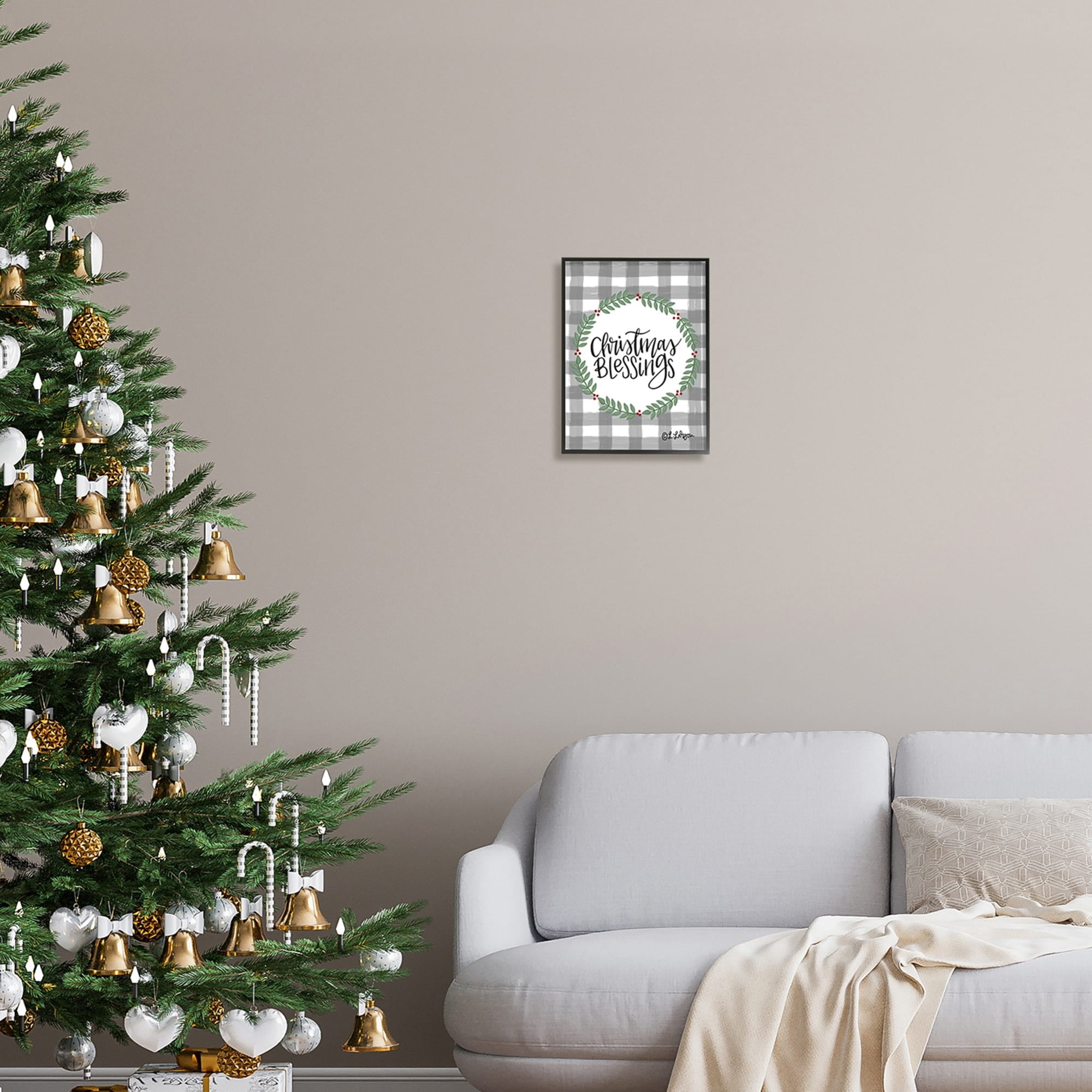 Christmas Blessings Calligraphy Tartan Holly Sprigs Border Inspirational Graphic Art Framed Art Print Wall Art