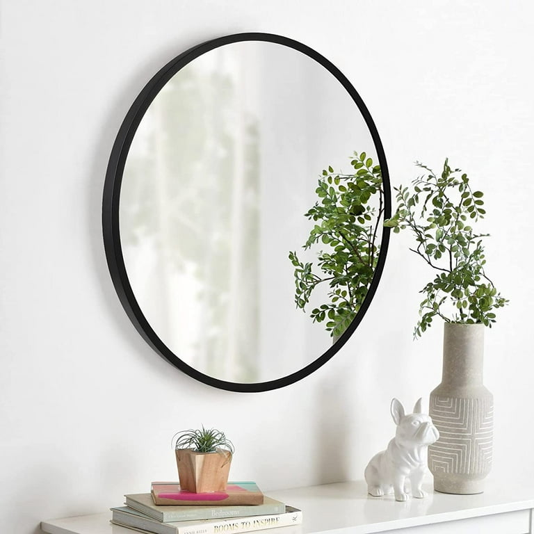 28 inch Round Bathroom Mirror, Black Round Mirror with Metal Frame, Modern Home Decor