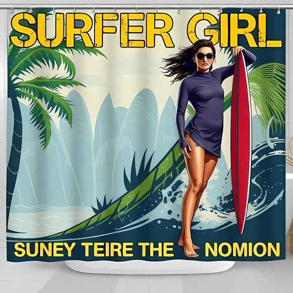 Vibrant Retro Surfing Shower Curtain - Stylish Surfer Girl Design with Tropical Beach Scene - Perfect for Summer Vibes