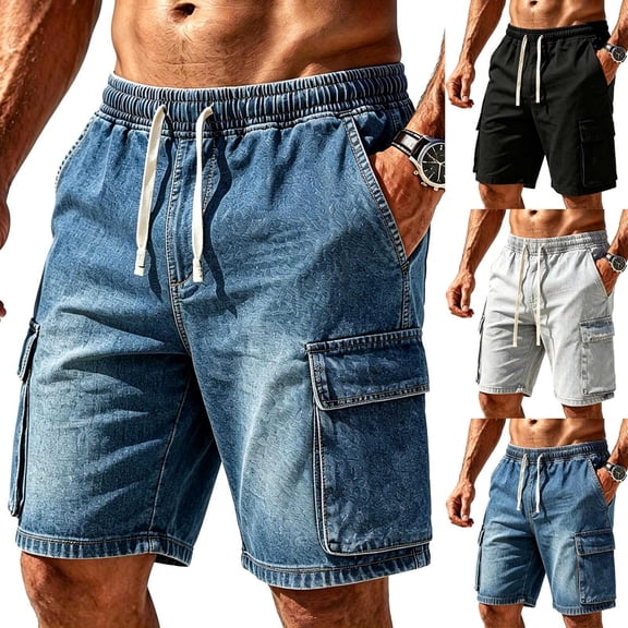 Men's Cargo Denim Shorts, Casual Pants, Elastic Waistband Multi-Pockets Straight Leg, Comfort Stretch Breathable, Daily Summer Vacation Outdoor, Summer Essentials | JASKFLY,Black L