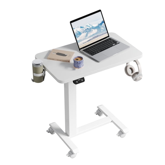 Mobile Standing Desk with Wheels, 26.8" x 15.7" Adjustable Rolling Desk with Cup Holder & Hook, Space-Saving Sit Stand Portable Desk for Home Office, Bedside, and Couch Use,White