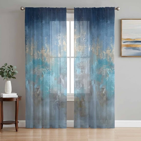 Blue Turquoise Grey Sheer Curtains 96 Inch Length 2 Panels Set, Vintage Ombre Abstract Aesthetic Art Voile Window Treatment Semi Sheer Long Curtains Drapes for Bedroom/Living Room/Kitchen 52"x96"x2