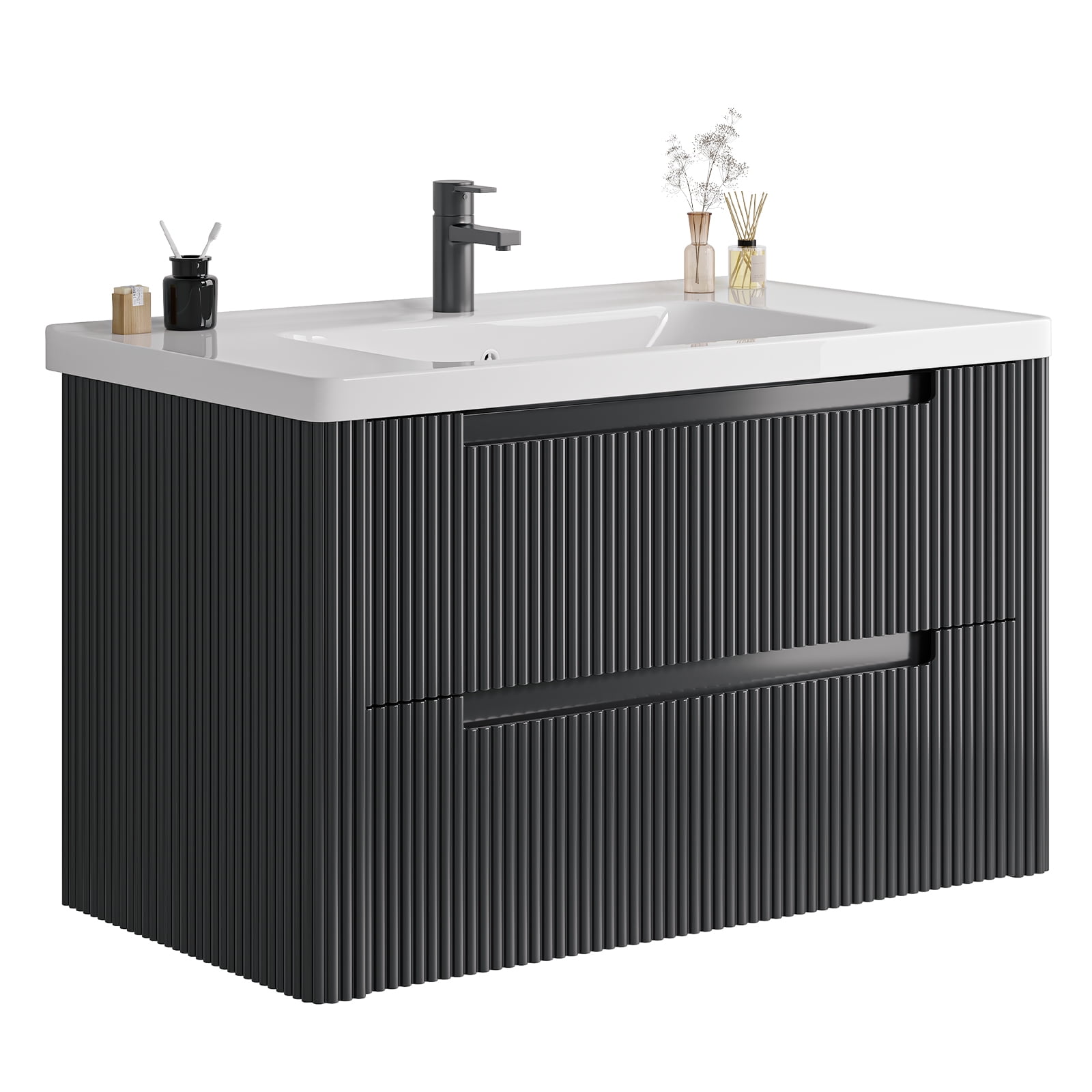 ROGALIS 36" Modern Bathroom Vanity, 2-Drawer, glossy resin Sink, Fluted Design,Black
